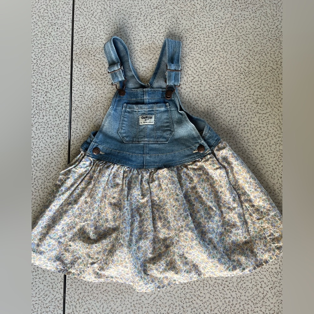 OshKosh B'gosh Blue Denim Overalls Dress with floral skirt 4T